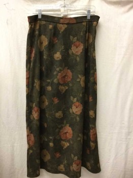 CHADWICK'S, Olive Green, Tan Brown, Rust Orange, Polyester, Spandex, Floral, Elastic Waist At Center Back, Hem Maxi, Faux Suede