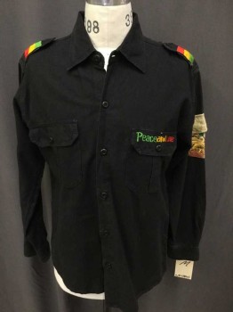Mens, Casual Shirt, LAHKAY'S COLLECTION, Black, Red, Yellow, Green, Hemp, Rayon, Solid, M, Long Sleeves, Button Front, Collar Attached, 2 Flap Pockets (1 Embroidered "PeaceandLove"), Epaulets with Rasta Flag Embroidered, 1 Flap Pocket On Left Sleeve with Rasta Lion