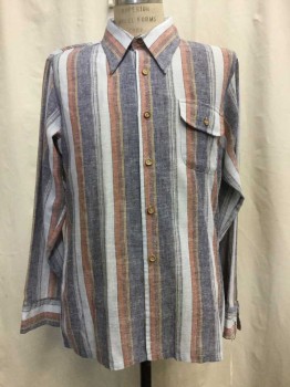 Mens, Casual Shirt, Lt Blue, Navy Blue, Orange, Red, Yellow, Synthetic, Stripes, XL, Lt Blue/ Navy/ Orange/ Red/ Yellow Stripes, Button Front, Collar Attached, Long Sleeves, 1 Pocket,