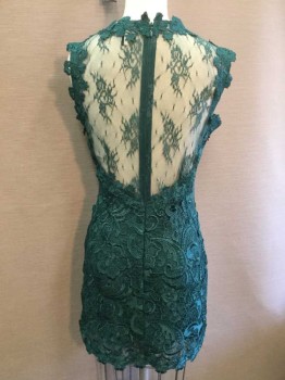TOPSHOP, Teal Green, Cotton, Synthetic, Floral, Teal Green Lace with Green Lining, Round Neck,  Sleeveless, Zip Back
