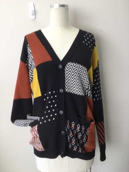 TORY BURCH, Black, Mustard Yellow, Brown, White, Wool, Acrylic, Geometric, Long Line Cardigan with Mix of Solid, Polka Dot. Chevron and Stripe Patchwork Patterns, V.neck Button Front, Long Sleeves,
