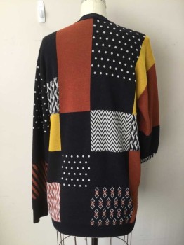 Womens, Sweater, TORY BURCH, Black, Mustard Yellow, Brown, White, Wool, Acrylic, Geometric, L, Long Line Cardigan with Mix of Solid, Polka Dot. Chevron and Stripe Patchwork Patterns, V.neck Button Front, Long Sleeves,
