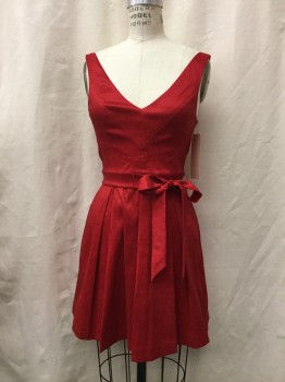 Womens, Dress, Sleeveless, N/L, Red, Polyester, Solid, 24@, 34B, V-neck, V-back, Sleeveless, Stretch Chantung, Short Pleated Skirt, Matching Tie Belt and Belt Loops,