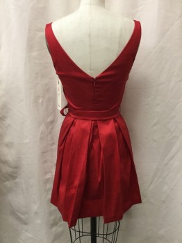 Womens, Dress, Sleeveless, N/L, Red, Polyester, Solid, 24@, 34B, V-neck, V-back, Sleeveless, Stretch Chantung, Short Pleated Skirt, Matching Tie Belt and Belt Loops,