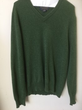 Mens, Pullover Sweater, BROOKS BROTHERS, Moss Green, Cashmere, Solid, Heathered, Meduim, V Neck, Long Sleeve,