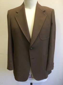 HART SCHAFFNER &MARX, Brown, Polyester, Solid, Grid , Self Grid Texture, Single Breasted, Notched Lapel, 2 Embossed Bronze Metal Buttons, 3 Patch Pockets, Brown with White and Green Patterned Lining,