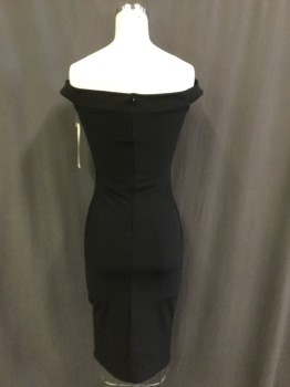 LOVE COUTURE, Black, Polyester, Solid, Drop Sleeve Straps, Open Horizontal Slits at Upper Torso, Back Zipper, Body Contour, Below Knee