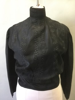 N/L, Black, Cotton, Floral, Long Sleeves, Buttons in Back, Black Floral Embroidery at Front, Assorted Vertical Pleats and Pin Tucks Throughout, Gathered Puffy Sleeves,  in Excellent Condition,