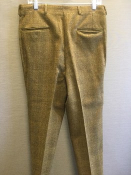 Mens, 1960s Vintage, Suit, Pants, BROOKFIELD, Ochre Brown-Yellow, Moss Green, Brown, Wool, Plaid, 30I, 34W, Flat Front, 4 Pockets, Belt Loops, Suspender Buttons,