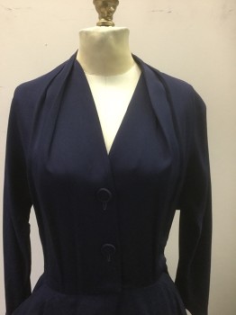 SERGEE OF CALIFORNIA, Navy Blue, Silk, Solid, Silk Crepe, 3/4 Dolman Sleeves, Narrow V-neck, 2 Self Fabric Covered Buttons at Front, 2 Pockets at Hips, Box Pleat at Center Front, Hem Below Knee,