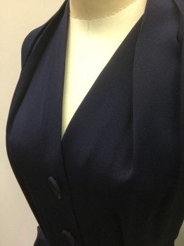 SERGEE OF CALIFORNIA, Navy Blue, Silk, Solid, Silk Crepe, 3/4 Dolman Sleeves, Narrow V-neck, 2 Self Fabric Covered Buttons at Front, 2 Pockets at Hips, Box Pleat at Center Front, Hem Below Knee,