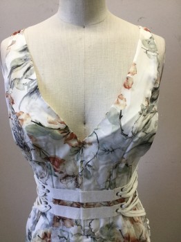 Womens, Dress, Sleeveless, HAUTE HIPPIE, White, Rust Orange, Slate Blue, Sage Green, Black, Silk, Floral, 6, V-neck, Tank Style Top, Back Zipper, A-line, White Double Canvas Waist Straps with Shoe Lace Side Lacing, White Lining