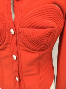 ANTONIO BERARDI, Red, Rayon, Acetate, Solid, Club Top, Pearl/Gold Button Front, Mandarin Collar, L/S, Quilted Breast Cups, Holes Above Breasts, Quilted Collar/Shoulder, Mostly Open Back