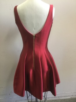 AQUA, Red, Acetate, Polyester, Solid, Red Satiny Tank Style A-line Dress, Hot Pink Lining, Back Zipper