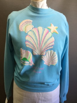 Womens, Sweatshirt, TNT  CASUALS, Lt Blue, White, Neon Yellow, Hot Pink, Green, Cotton, Polyester, Novelty Pattern, XL, Long Sleeves, Crew Neck, Puffy Sea Shells, 'Cafe Coral Florida'
