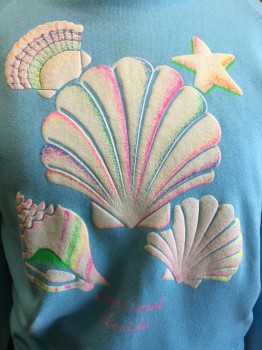 Womens, Sweatshirt, TNT  CASUALS, Lt Blue, White, Neon Yellow, Hot Pink, Green, Cotton, Polyester, Novelty Pattern, XL, Long Sleeves, Crew Neck, Puffy Sea Shells, 'Cafe Coral Florida'