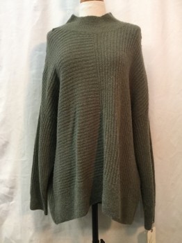Womens, Pullover, H&M, Olive Green, Acrylic, Alpaca, Solid, XL, Olive Green, Mock Neck, Ribbed