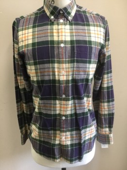 Mens, Casual Shirt, WESC, Multi-color, Dk Purple, Cream, Forest Green, Orange, Cotton, Plaid, M, Flannel, Long Sleeve Button Front, Collar Attached, Button Down Collar, 1 Patch Pocket,  **Has a Double