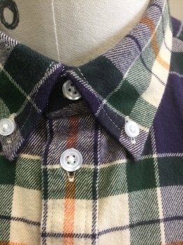 WESC, Multi-color, Dk Purple, Cream, Forest Green, Orange, Cotton, Plaid, Flannel, Long Sleeve Button Front, Collar Attached, Button Down Collar, 1 Patch Pocket,  **Has a Double