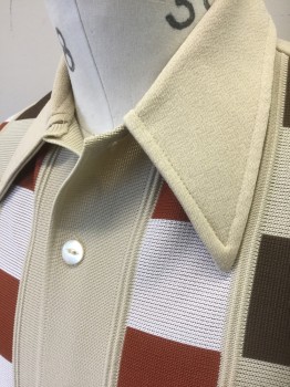 GAUCHO, Beige, Rust Orange, Dk Brown, White, Polyester, Geometric, Solid, Beige Double Knit Polyester, Rust/Dark Brown/White Checkered Squares Panel in Front, Short Sleeve Button Front, Collar Attached, Collar is Exaggerated/Long,