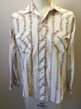 Mens, Western Shirt, CHUTE #1, Off White, Rust Orange, Taupe, Blue, Cotton, Floral, 16/33, Snap Front, Collar Attached, Long Sleeves, 2 Flap Snap Pockets, Western Yoke, Rust Stitching