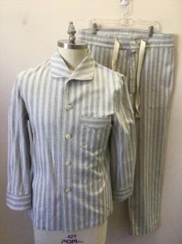 Mens, 1930s Vintage, Pajama Top, P1, N/L MTO, Lt Gray, White, Gray, Cotton, Stripes - Vertical , C:42, L, Flannel, Long Sleeve Button Front, Rounded Collar, 1 Patch Pocket,  Made To Order, Multiples, See FC038232
