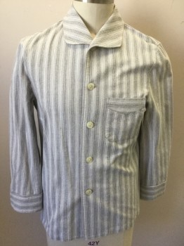 Mens, 1930s Vintage, Pajama Top, P1, N/L MTO, Lt Gray, White, Gray, Cotton, Stripes - Vertical , C:42, L, Flannel, Long Sleeve Button Front, Rounded Collar, 1 Patch Pocket,  Made To Order, Multiples, See FC038232