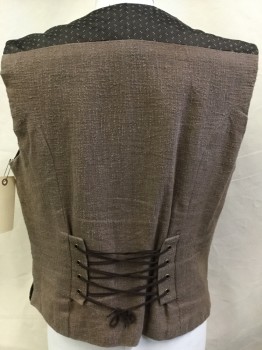 Mens, Historical Fiction Vest, JASON SEGAL, Dk Brown, Off White, Black, Brown, Silk, Cotton, Novelty Pattern, 41, Dark Brown with Cream "=" Novelty Print with Black Lining, Brown Back with Brown Lacing String, V-neck, Single Breasted, 11 Brown with Small Gold Triangle Button Front, 2 Pockets