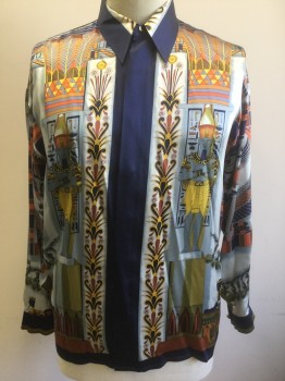 N/L, Multi-color, Silk, Novelty Pattern, Egyptian Pattern, Light Blue Background with Navy, Tomato, Yellow, Peach, Etc, Satin, Long Sleeve Button Front, Collar Attached, Clubwear, Late 1990's - Early 2000's