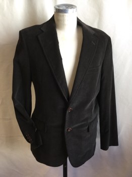 Mens, Sportcoat/Blazer, BROOKS  BROTHERS, Dk Brown, Cotton, Polyester, Solid, 40R, Corduroy with Dark Chocolate Brown Lining, Notched Lapel, Single Breasted, 2 Button Front, 3 Pockets, Long Sleeves, 1 Split Back Center Hem