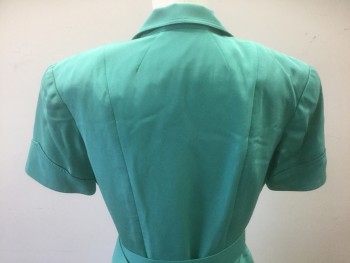 Womens, Nurses Dress, N/L MTO, Jade Green, Silk, Solid, W:28, B:36, Broadcloth, Short Sleeves, Shirtwaist, Pointy Collar Attached, Folded Sleeve Cuffs, Tiny Patch Pocket at Bust, Padded Shoulders, Pleats at Center Front Waist/Bust, Flared/Full Skirt, Knee Length, 2 Pockets at Hips, Made To Order, Bodice Flatlined in Muslin. Has Stress Marks at Front of Sleeve, See Detail Photo, Multiples,