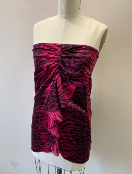 Womens, Top, MARCIANO, Magenta Pink, Black, Silk, Spandex, Animal Print, Sz.6, Satin, Strapless Tube Top, Gathered at Center Front Bust, Empire Waist, Vertical Ruffle Cascading Down Center Front, Invisible Zipper at Side