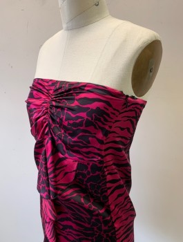 Womens, Top, MARCIANO, Magenta Pink, Black, Silk, Spandex, Animal Print, Sz.6, Satin, Strapless Tube Top, Gathered at Center Front Bust, Empire Waist, Vertical Ruffle Cascading Down Center Front, Invisible Zipper at Side