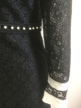 Womens, Dress, Long & 3/4 Sleeve, SANDRO, Black, Cream, Polyester, W:28, B:35, H:36, Black Floral Texture Lace, Cream Chiffon Gathered Collar with Self Ties, Cream Accent Cuffs, Long Sleeves, Round Pearl Beads Along Waistline, Above Knee Length, High End/Designer