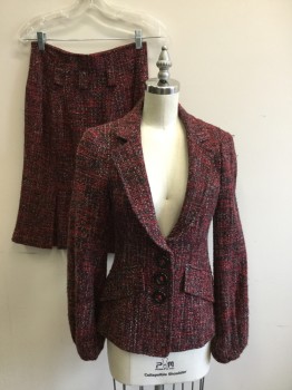 Womens, Suit, Jacket, NANETTE LAORE, Red, Black, Gray, Polyester, Wool, Tweed, 2, Single Breasted, Collar Attached, Rounded Notched Lapel, 3 Buttons,  2 Flap Pockets, Gathered at Cuff