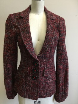 NANETTE LAORE, Red, Black, Gray, Polyester, Wool, Tweed, Single Breasted, Collar Attached, Rounded Notched Lapel, 3 Buttons,  2 Flap Pockets, Gathered at Cuff