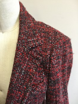 Womens, Suit, Jacket, NANETTE LAORE, Red, Black, Gray, Polyester, Wool, Tweed, 2, Single Breasted, Collar Attached, Rounded Notched Lapel, 3 Buttons,  2 Flap Pockets, Gathered at Cuff