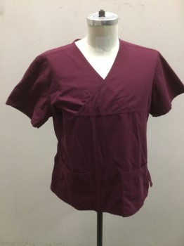URBANE SCRUBS, Wine Red, Poly/Cotton, Solid, V.neck, Short Sleeves, 2 Pockets, Multiples