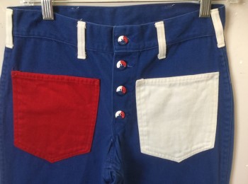 Womens, Jeans, BIG YANK, Royal Blue, White, Red, Cotton, Solid, Color Blocking, W:28, Twill, Bell Bottoms, 1 Red and 1 White Patch Pockets in Front & Back, White Belt Loops, High Waisted, Red/White/Blue Buttons at Fly,