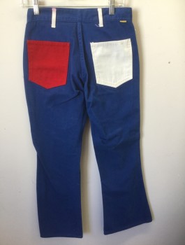 Womens, Jeans, BIG YANK, Royal Blue, White, Red, Cotton, Solid, Color Blocking, W:28, Twill, Bell Bottoms, 1 Red and 1 White Patch Pockets in Front & Back, White Belt Loops, High Waisted, Red/White/Blue Buttons at Fly,