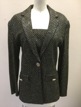 Womens, Suit, Jacket, ST.JOHN, Black, Metallic, Gold, Lime Green, Fuchsia Pink, Wool, Rhinestones, Dots, Speckled, B:36, Evening Suit, Knit with Metallic Threads, Gold Studs and Lime/Fuchsia Rhinestones, 1 Button, Notched Lapel, Attached Modesty Panel, Padded Shoulders