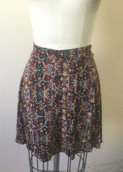 Womens, Skirt, Mini, LUSH, Black, Multi-color, Lavender Purple, Turquoise Blue, Brown, Rayon, Abstract , S, Black with Multicolor (Lavender/Turquoise/Yellow/Brown/White/Red) Busy Pattern, 1" Wide Self Waistband, Elastic Waist in Back, Black Buttons Down Center Front, Flared Shape