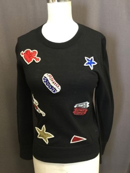 Womens, Pullover, MARC JACOBS, Black, Red, Royal Blue, Gold, White, Cotton, Solid, S, Crew Neck, Patch Applique of Sequins/ Pearls/ Rhinestones, Heart/glasses/star/theater Tickets Etc