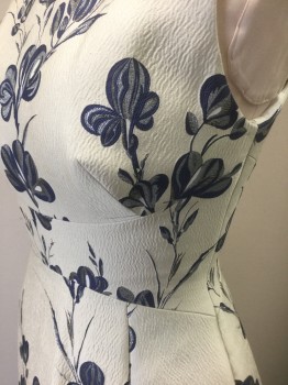 N/L, Bone White, Royal Blue, Silver, Polyester, Floral, Bone White with Royal Blue and Silver Floral Brocade, Crinkly Texture, Sleeveless, Wide Round Neck,  2-4" Wide Curved Yoke at Waist Curving Up Under Bust, Flared Skirt, Knee Length, Invisible Zipper at Center Back,