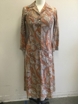 CAY ARTLEY, Orange, Taupe, Rust Orange, Gold, Lt Gray, Nylon, Lurex, Paisley/Swirls, Abstract , Shades of Orange with Gold Iridescent Accent Groovy Paisley Pattern, Long Sleeves, Notched Collar Attached, Button Front, with Gold Metal Buttons, Floor Length,