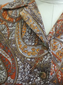 CAY ARTLEY, Orange, Taupe, Rust Orange, Gold, Lt Gray, Nylon, Lurex, Paisley/Swirls, Abstract , Shades of Orange with Gold Iridescent Accent Groovy Paisley Pattern, Long Sleeves, Notched Collar Attached, Button Front, with Gold Metal Buttons, Floor Length,