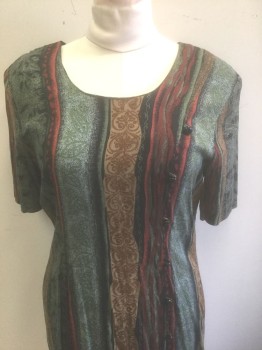 MISS DORBY, Multi-color, Sage Green, Tan Brown, Black, Dk Red, Rayon, Abstract , Stripes - Vertical , Short Sleeves, Scoop Neck, Black Decorative Buttons in Loops in Vertical Column Down Side Front, Padded Shoulders, Ankle Length,
