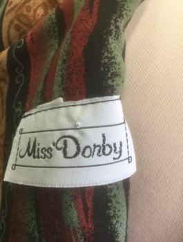 MISS DORBY, Multi-color, Sage Green, Tan Brown, Black, Dk Red, Rayon, Abstract , Stripes - Vertical , Short Sleeves, Scoop Neck, Black Decorative Buttons in Loops in Vertical Column Down Side Front, Padded Shoulders, Ankle Length,