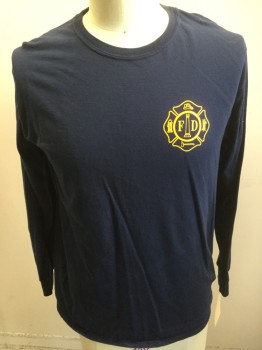 Mens, Fire/Police Tshirt, ANVIL, Navy Blue, Yellow, Cotton, Solid, Graphic, L, Crew Neck, Long Sleeves, Fire Department Screen Print