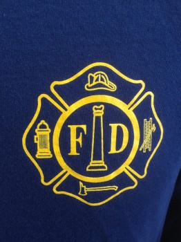 Mens, Fire/Police Tshirt, ANVIL, Navy Blue, Yellow, Cotton, Solid, Graphic, L, Crew Neck, Long Sleeves, Fire Department Screen Print
